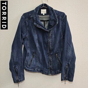 TORRID 1 Blue Denim Jeans Moto Crop Style Zip Jacket Plus Size 14/16 1X